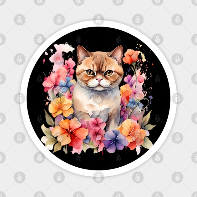 An exotic shorthair cat decorated with beautiful watercolor flowers Magnet by CreativeSparkzz